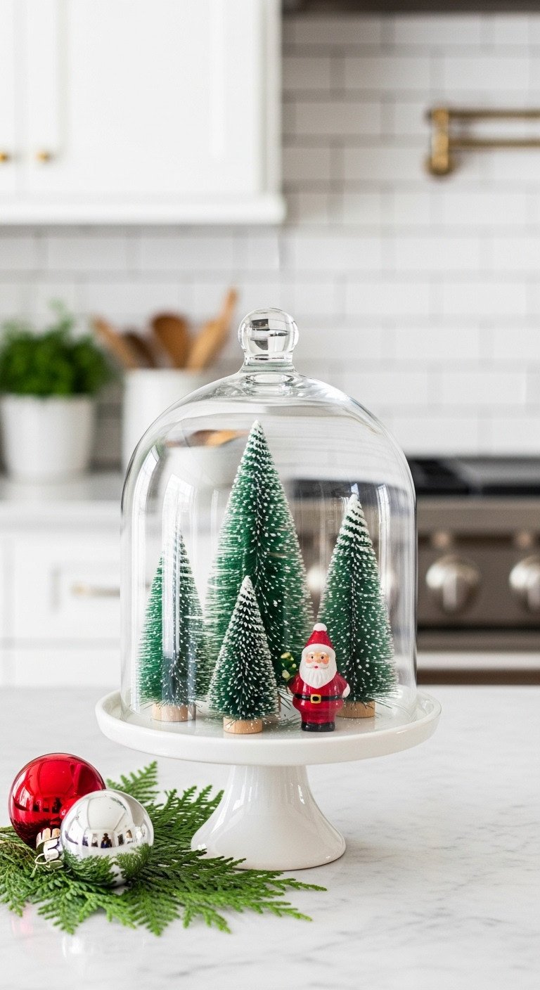 Miniature winter wonderland on a cake plate under a glass dome with bottle brush trees and a Santa figurine