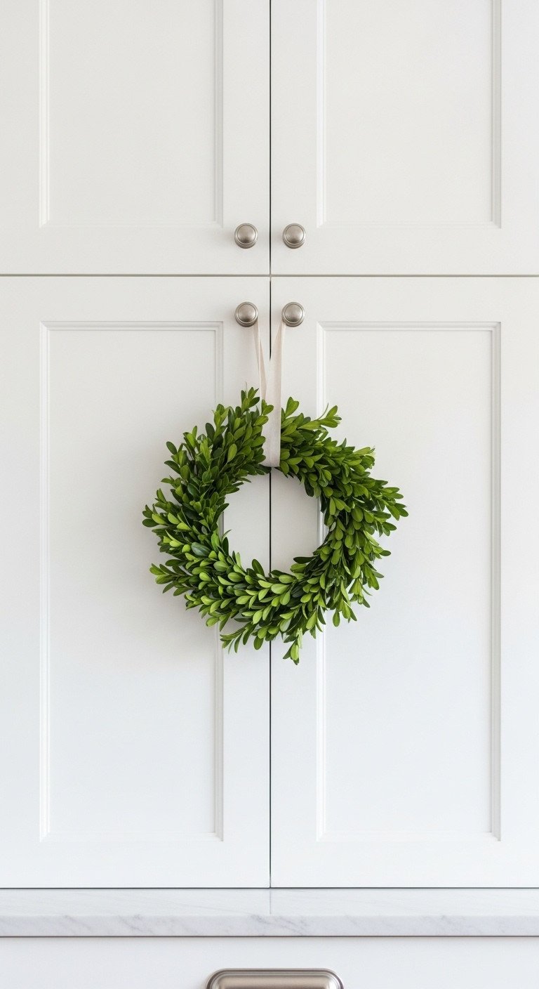 Minimalist Christmas boxwood wreath on white shaker kitchen cabinet with subtle marble countertop background