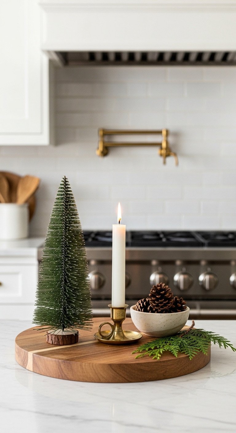 Minimalist Christmas countertop decor with small tree candle and pinecones on a wooden board