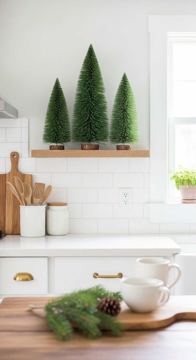 Minimalist Christmas decor with trio of green bottlebrush trees on a floating wooden kitchen shelf