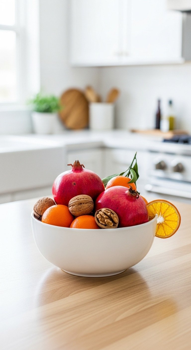 Minimalist Christmas edible decor with pomegranates clementines and walnuts in a white bowl on kitchen island