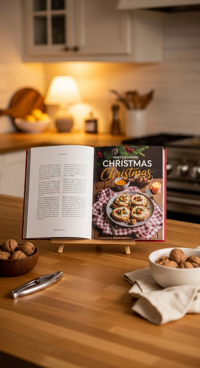 Minimalist Christmas functional decor with festive cookbook open on wooden stand on kitchen counter