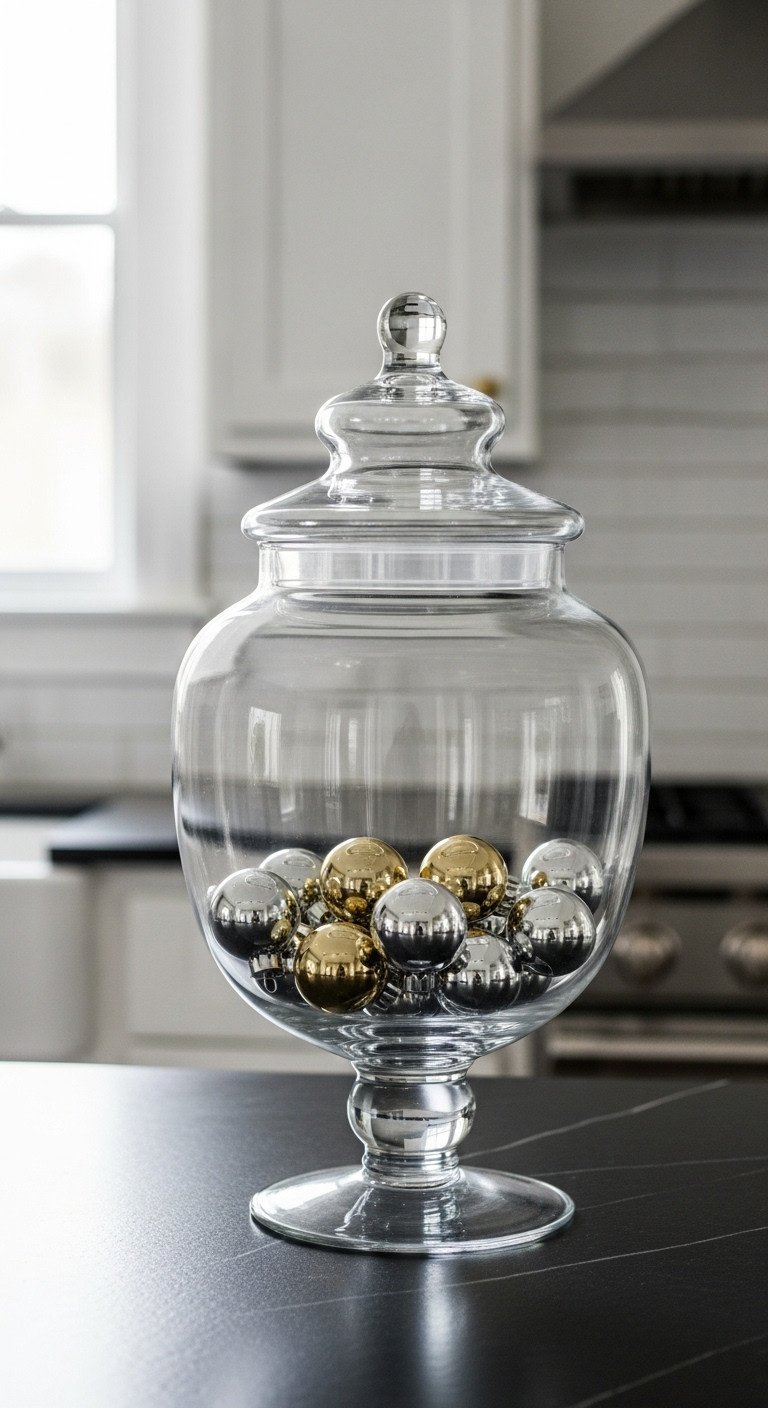 Minimalist Christmas glass jar decor with silver and gold ornaments on a soapstone kitchen countertop