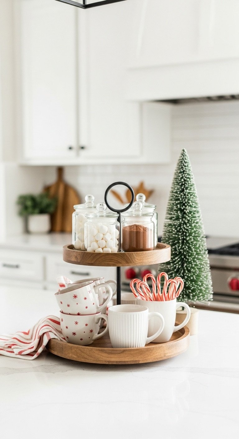 Minimalist Christmas hot cocoa station with marshmallows powder mugs and candy canes on a tiered tray