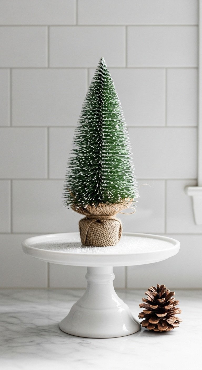 11 Cozy Christmas Kitchen Ideas That Feel Truly Magical 16 Minimalist Christmas kitchen: Miniature tree with faux snow on white ceramic cake stand. Marble counter, pinecone decor.