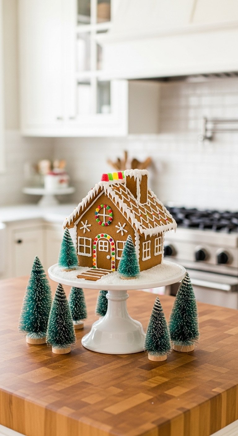 Minimalist Christmas kitchen decor: cedar garland on acacia cutting board, wooden spoons in crock on quartz counter.