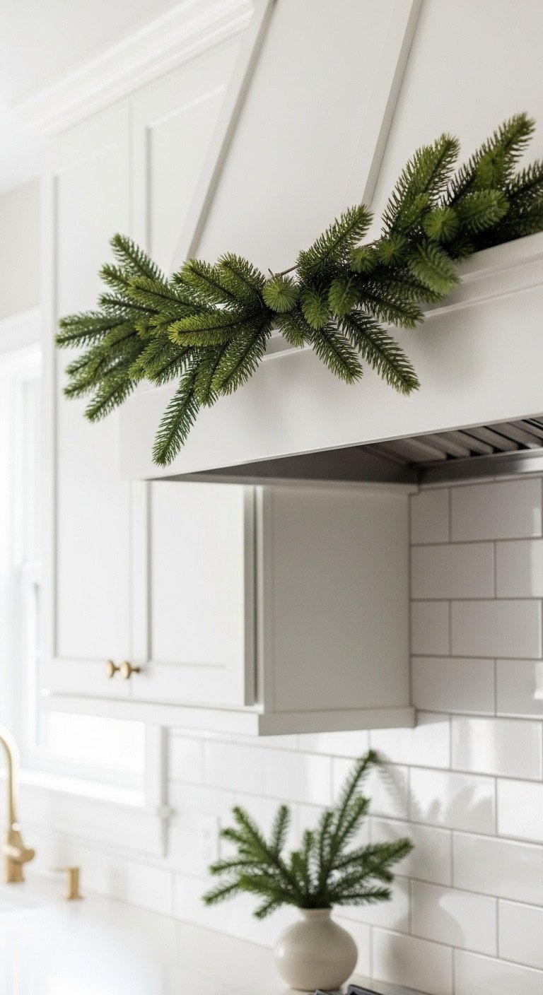 Minimalist Christmas kitchen decor with evergreen garland over window and subtle white tile background