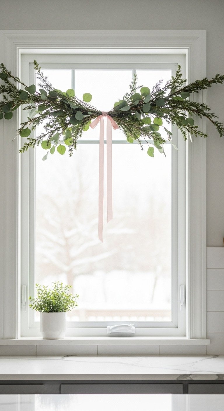 Minimalist Christmas kitchen with elegant eucalyptus garland and velvet ribbon draped over a window with a snowy exterior view