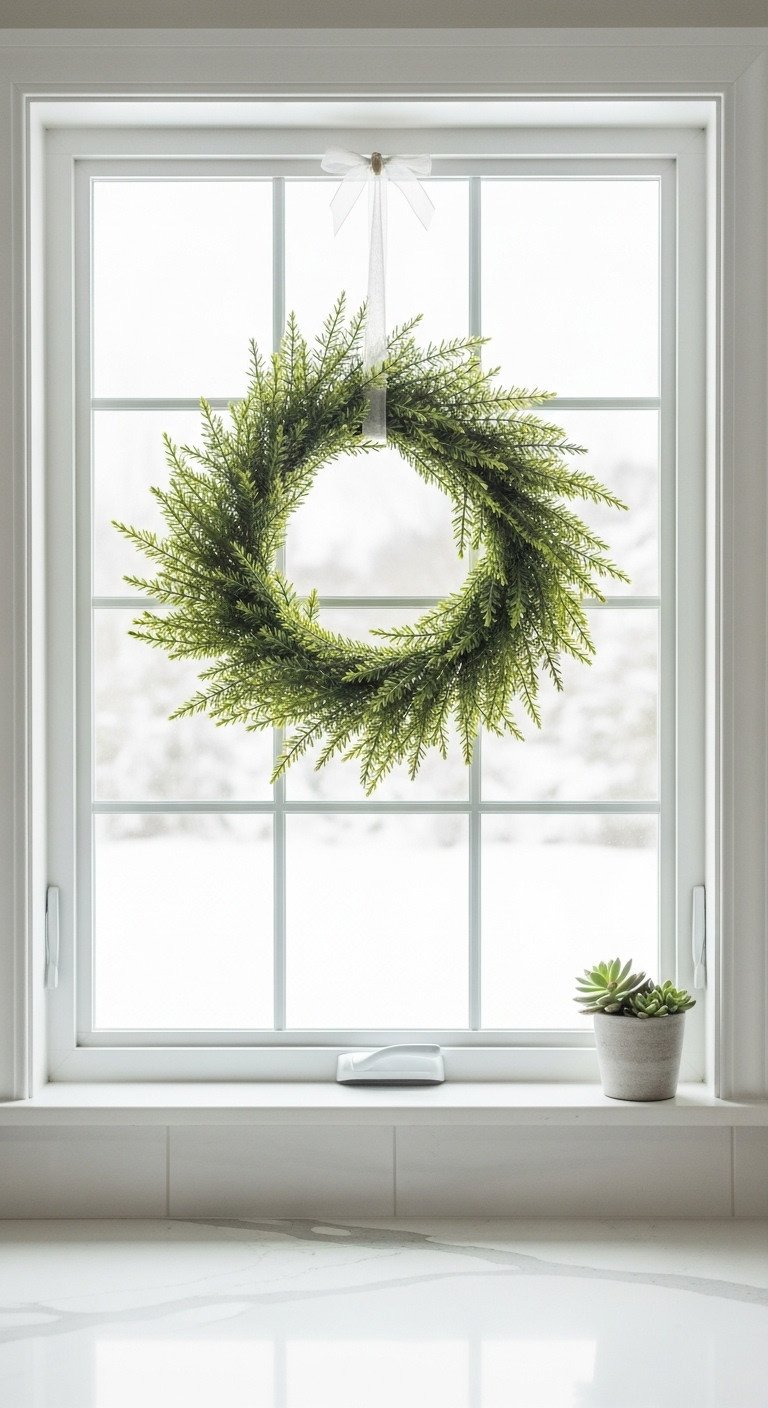 Minimalist Christmas kitchen with simple faux cedar wreath and sheer white ribbon hanging in a window with a snowy view