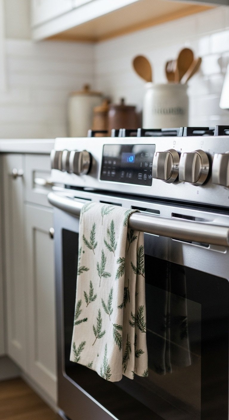 Minimalist Christmas linen dish towel with evergreen pattern on oven door handle in a serene kitchen
