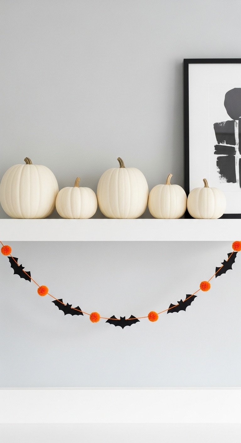 Minimalist Halloween kitchen garland with black bats and orange pom-poms hanging below a shelf with white pumpkins