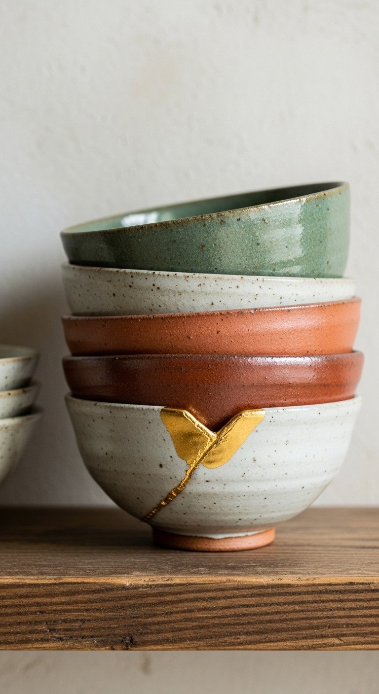 Minimalist Japanese kitchen Wabi-Sabi imperfection handmade ceramic bowls with Kintsugi gold repair on a rustic wooden shelf
