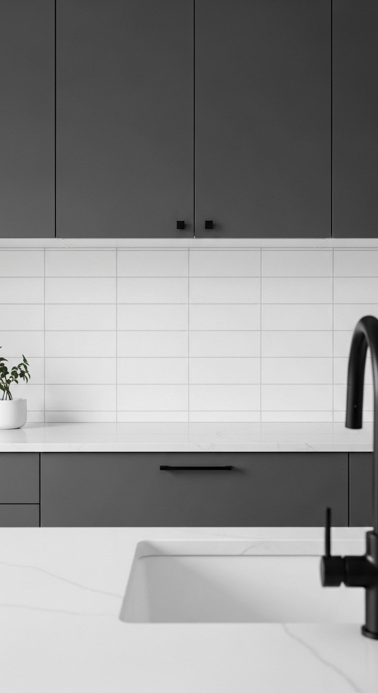 Minimalist Japanese kitchen backsplash with large matte white rectangular tiles dark gray flat-panel cabinets and a modern black faucet