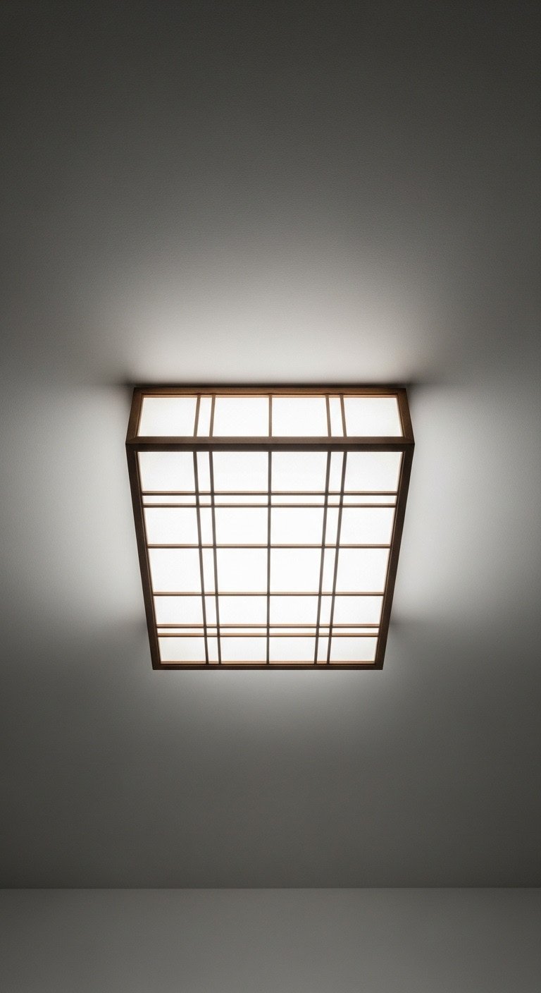 Minimalist Japanese kitchen ceiling with a shoji-inspired flush mount light