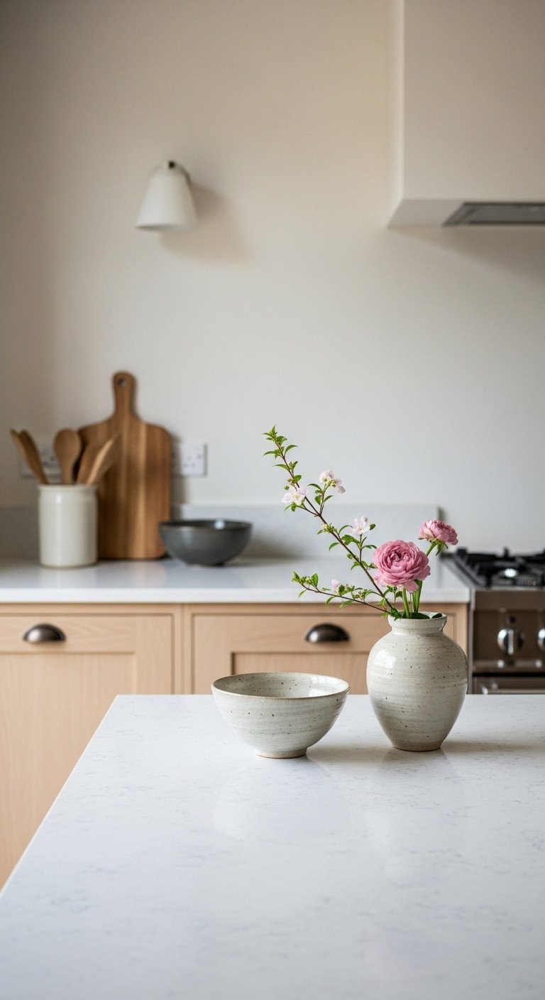 Minimalist Japanese kitchen countertop with ceramic bowl and ikebana flower arrangement