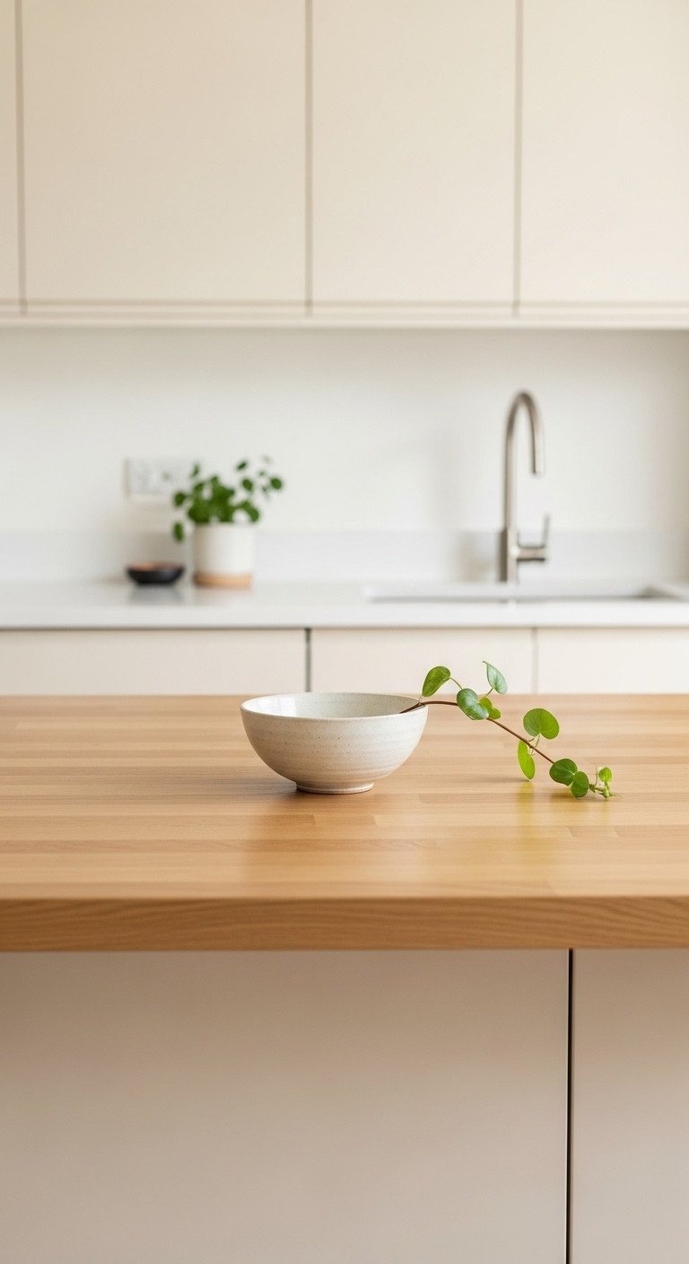 Minimalist Japanese kitchen design with a single ceramic bowl and plant on a light wood countertop