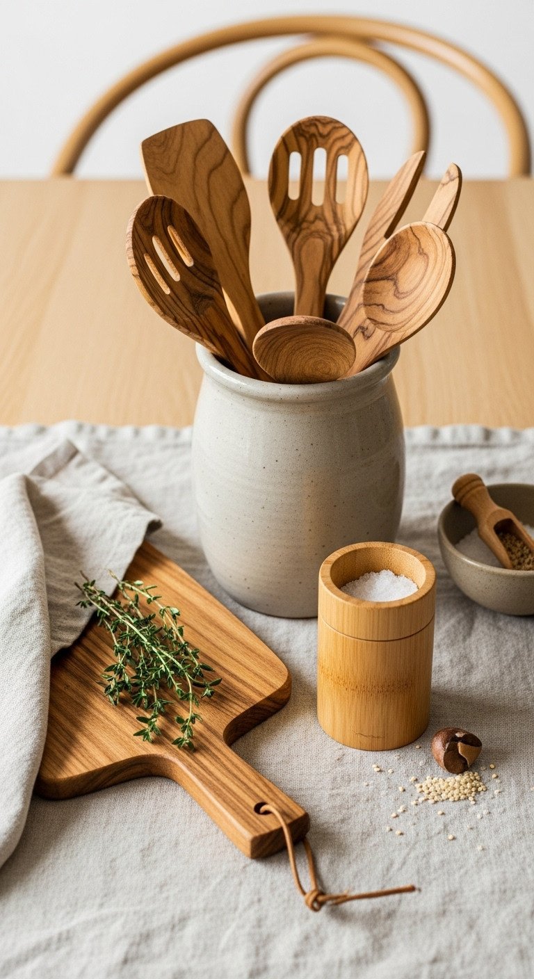 Minimalist Japanese kitchen natural materials with wood cutting board utensils and salt cellar