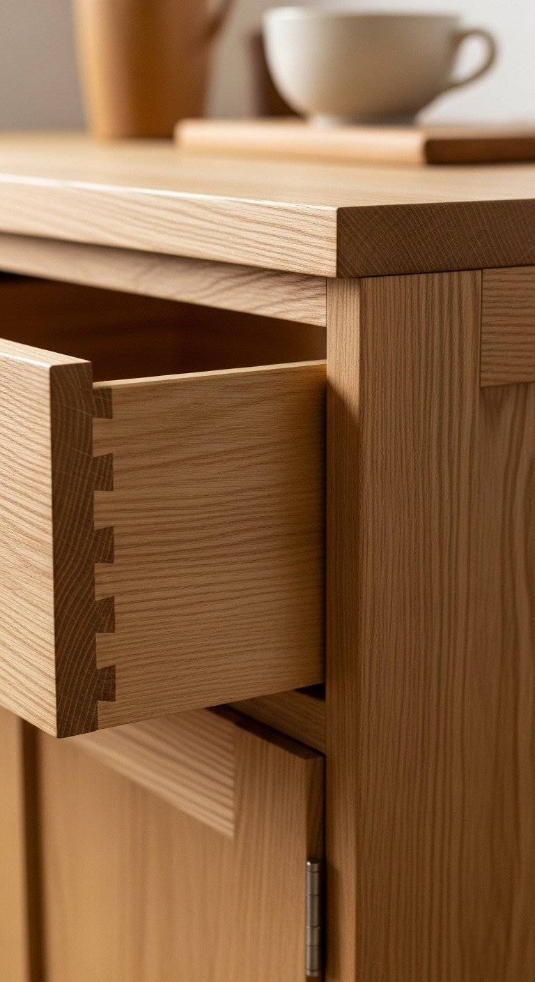 Minimalist Japanese kitchen quality craftsmanship close up dovetail joint on a light oak wooden drawer