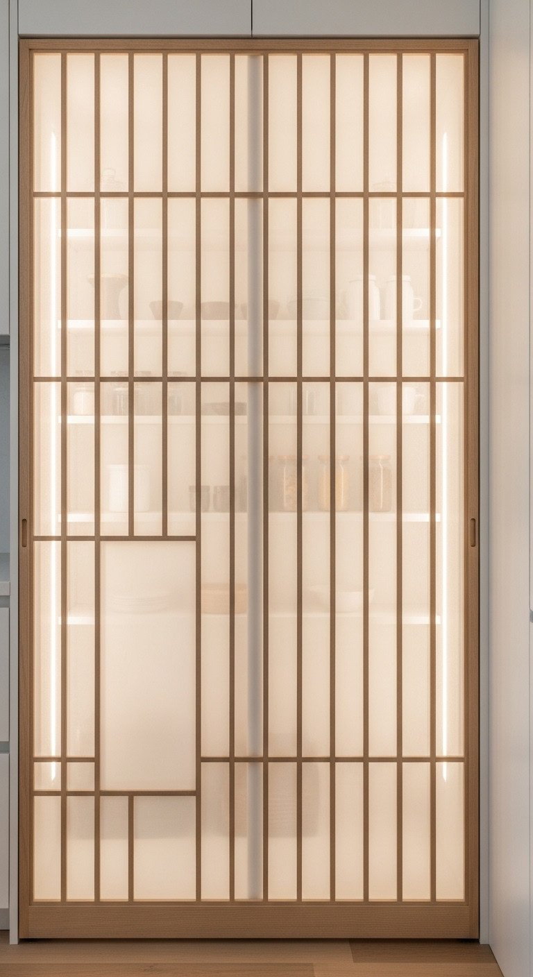 Minimalist Japanese kitchen with Shoji-inspired elements modern pantry door with light wood lattice and frosted glass