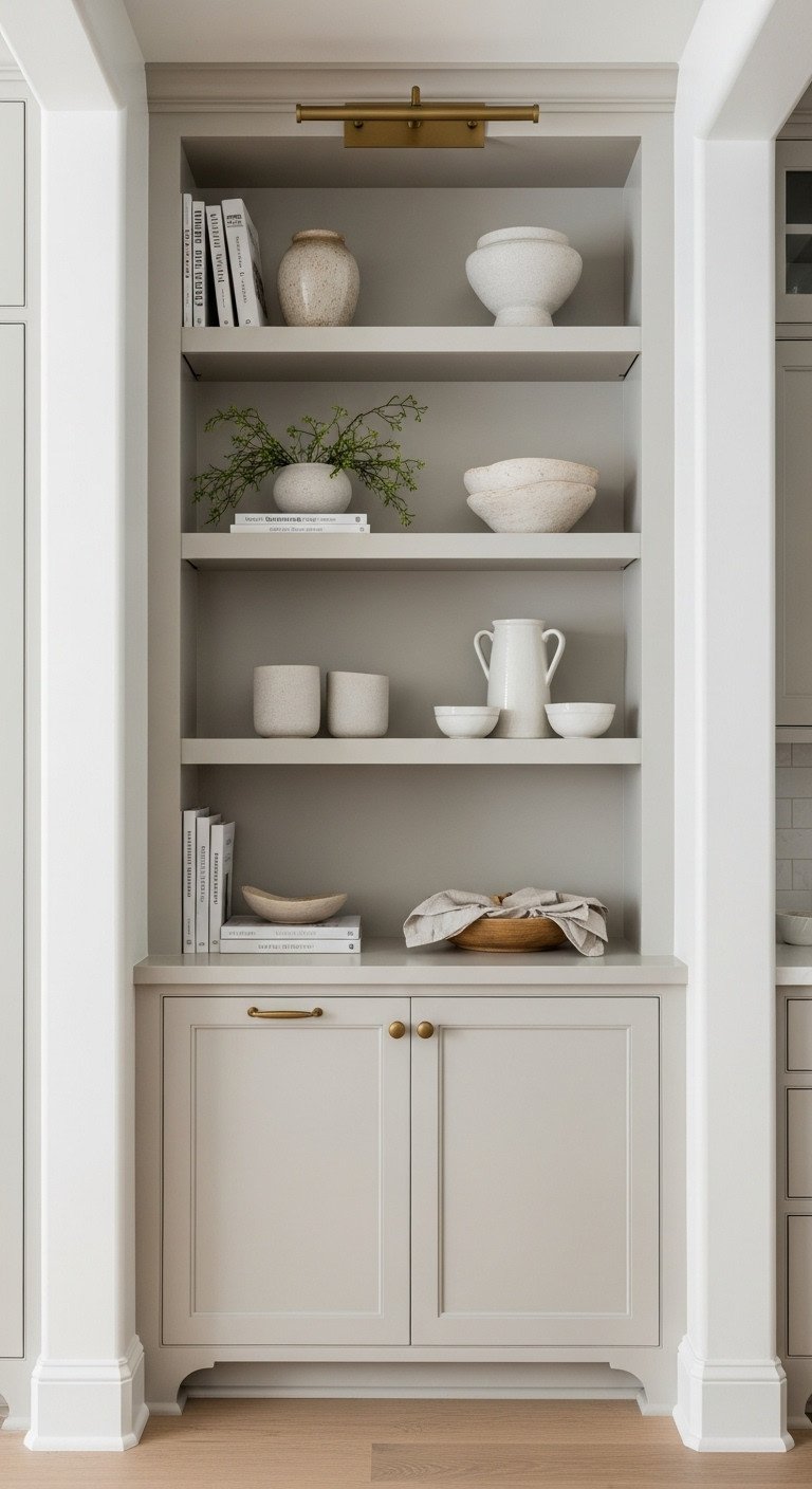 Minimalist Japanese kitchen with built-in shelving unit same color as walls filled with cookbooks ceramic vases and linen napkins