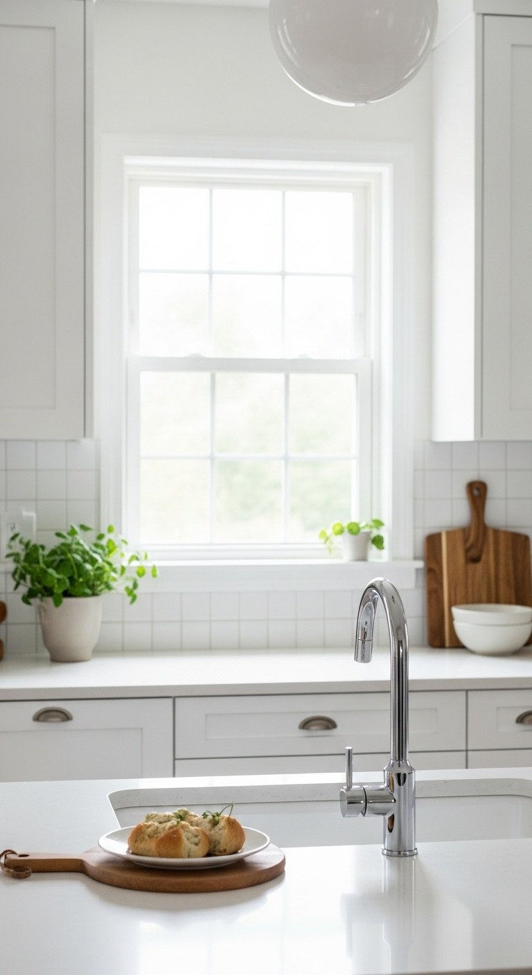 Minimalist Japanese kitchen with clean beige quartz countertop handleless white cabinets gooseneck faucet and wooden cutting board in daylight