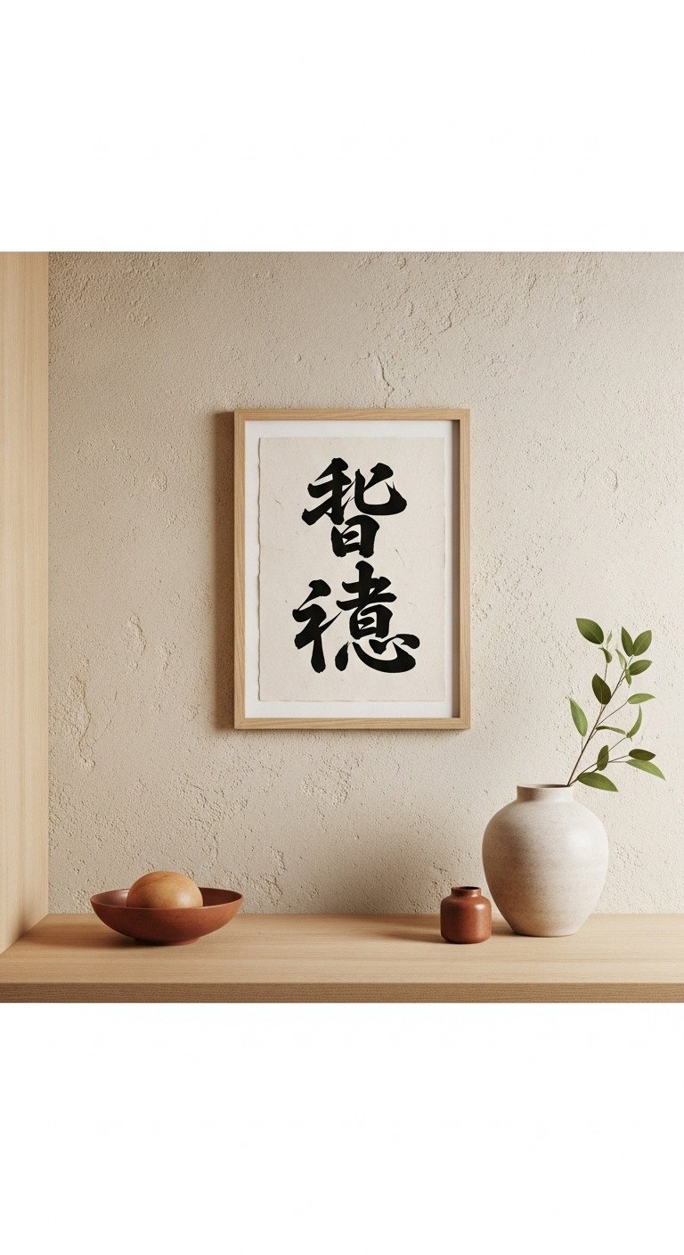 Minimalist Japanese kitchen with intentional decor black ink calligraphy print and light wood frame