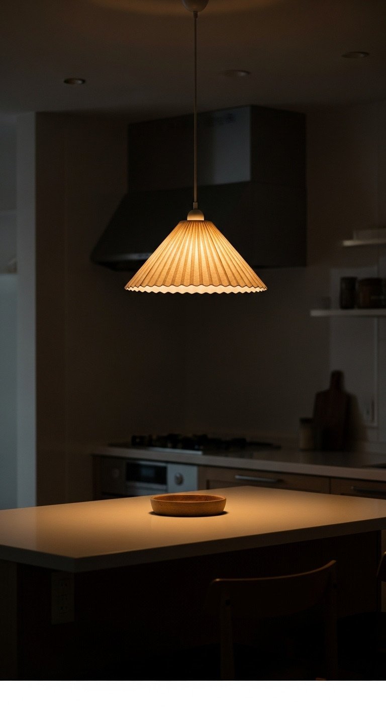 Minimalist Japanese kitchen with layered lighting paper pendant light over a dark kitchen island
