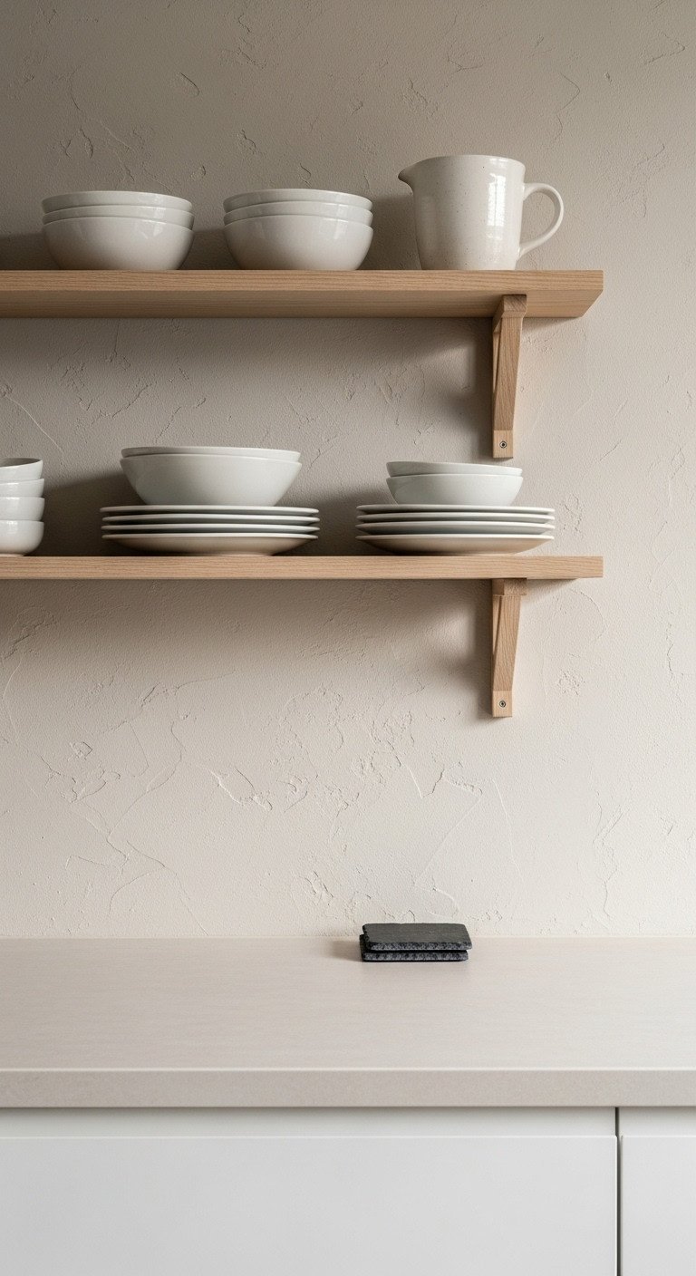Minimalist Japanese kitchen with muted color palette light wood shelves and white ceramic dishes