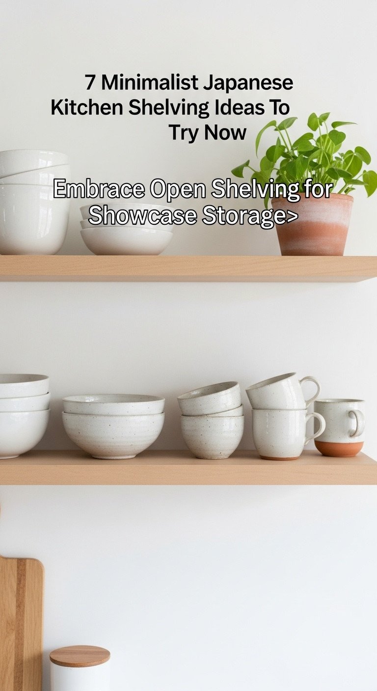 Minimalist Japanese kitchen with open light wood shelves white ceramic bowls pottery mugs and green plant in soft natural light