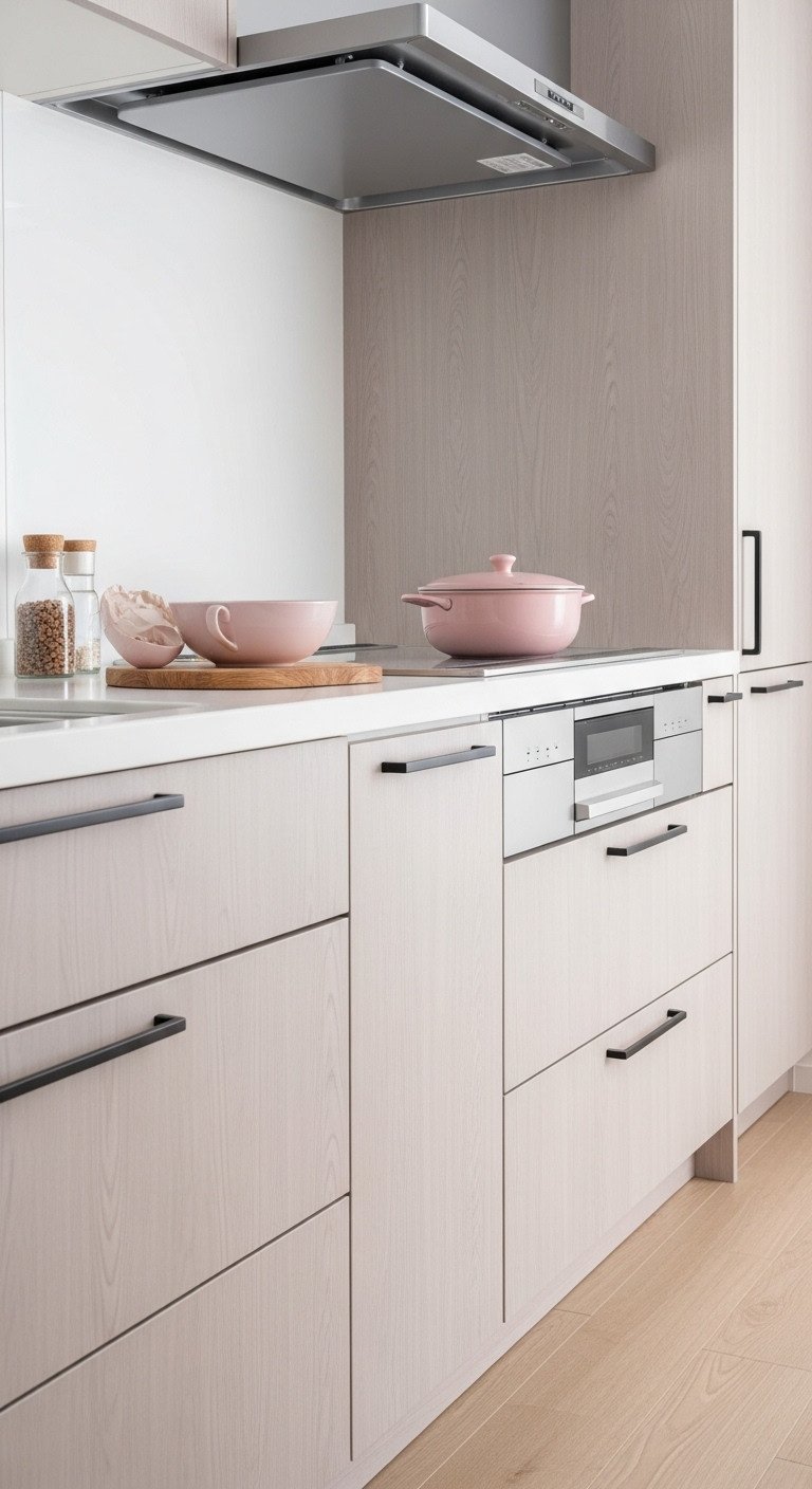 Minimalist Japanese kitchen with sleek surfaces and clean lines flat-panel handleless cabinets
