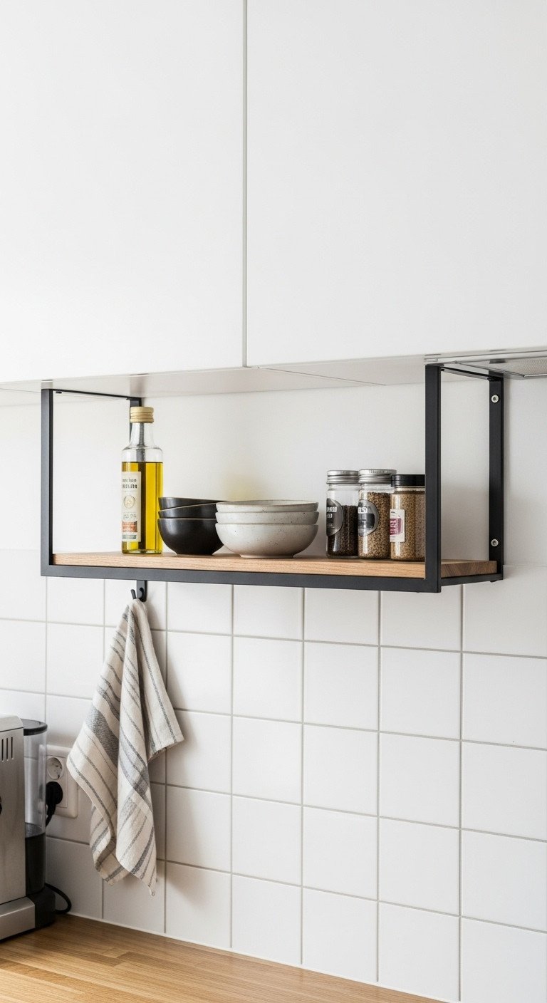 Minimalist Japanese kitchen with slim wall-mounted shelf black steel accents olive oil bowls spice jars and tiled backsplash in daylight