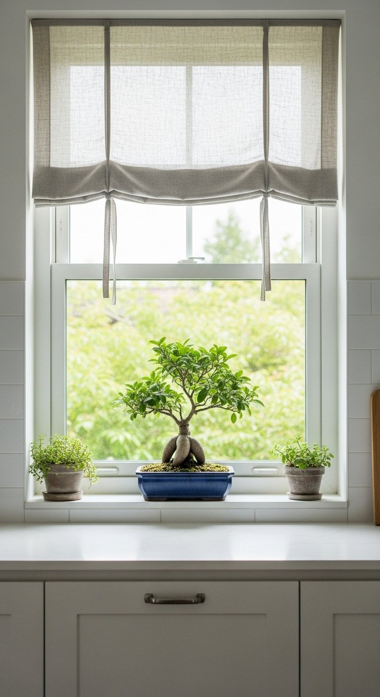 Minimalist Japanese kitchen with soft natural light bonsai tree and linen curtain