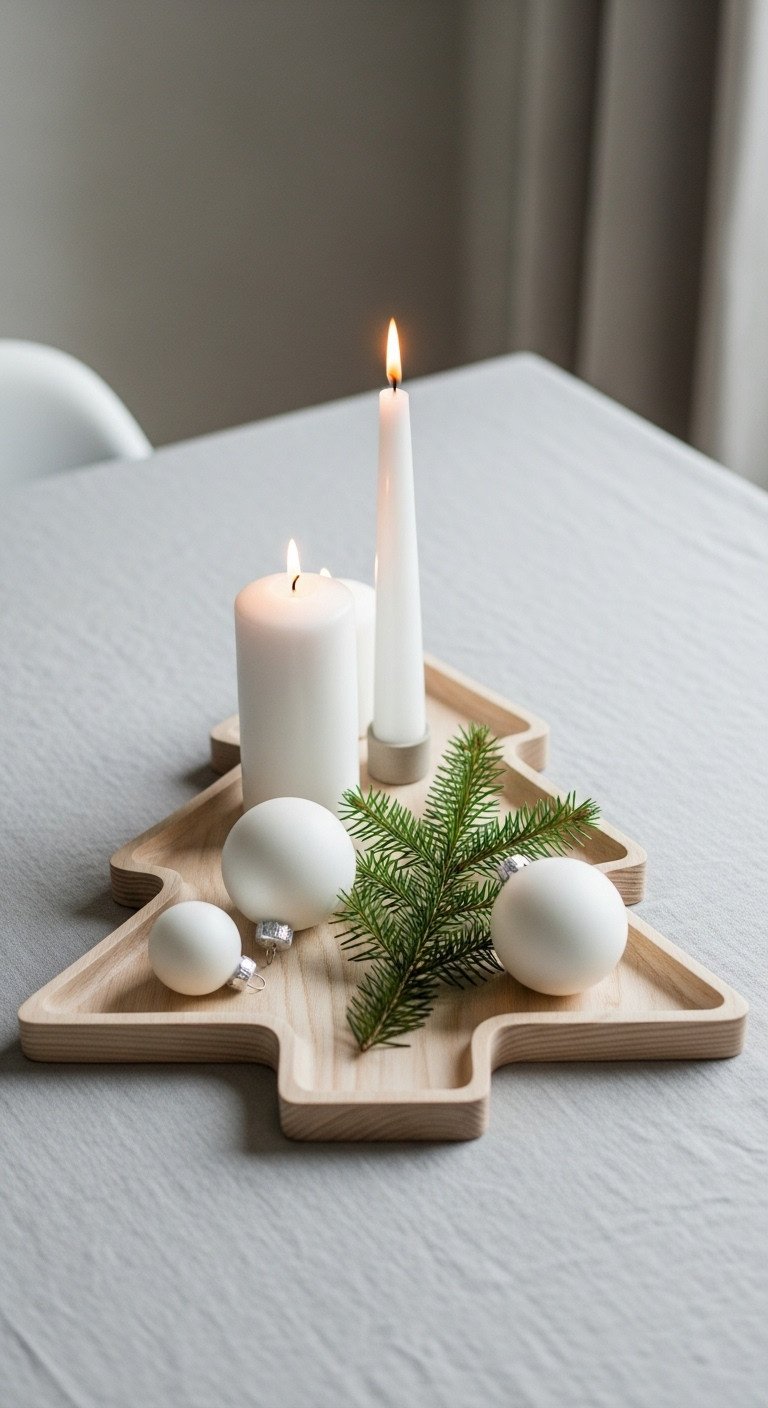 Minimalist Scandinavian Christmas tray with tree shaped wooden board candles fir sprig and white ornaments