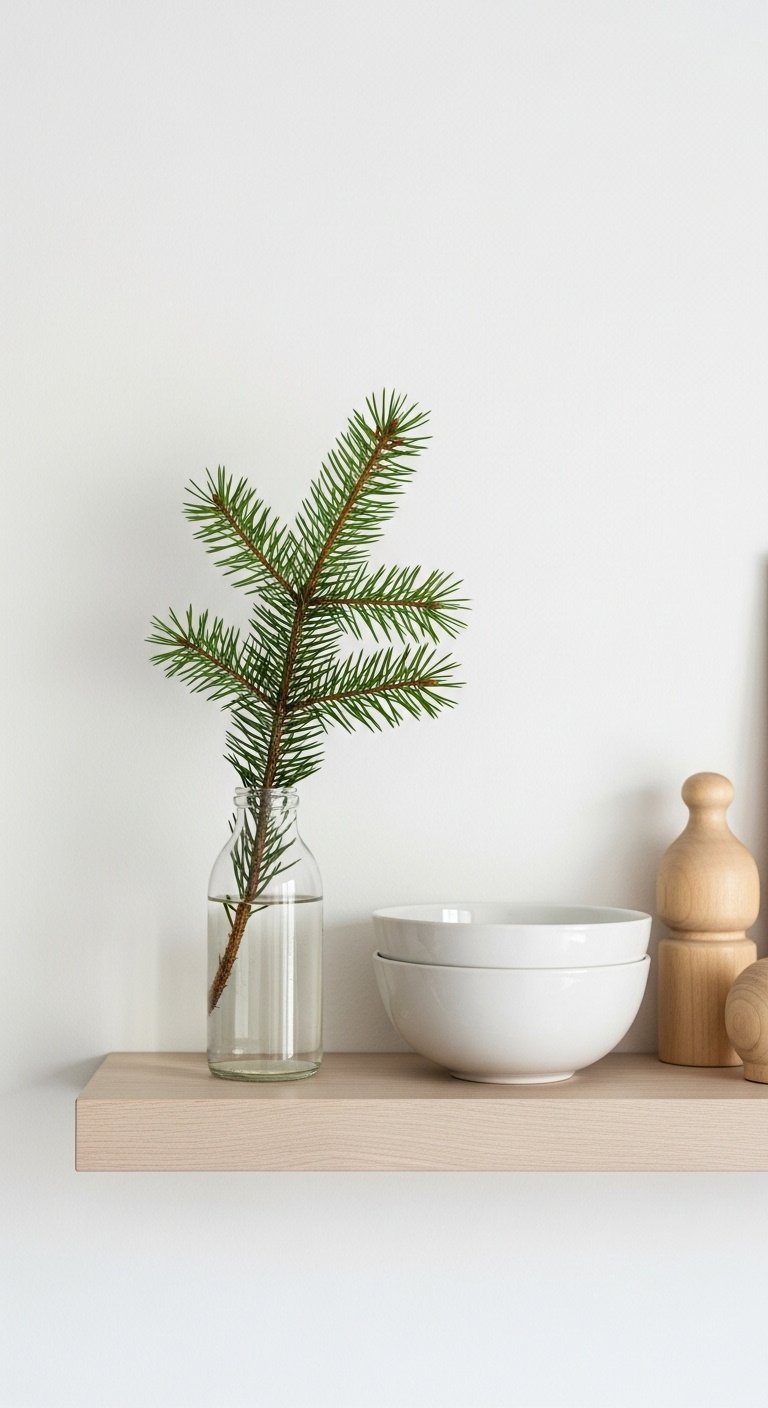 Minimalist Scandinavian kitchen shelf with a fresh pine sprig in a glass bottle, white bowl, and wooden ornaments. Serene decor.
