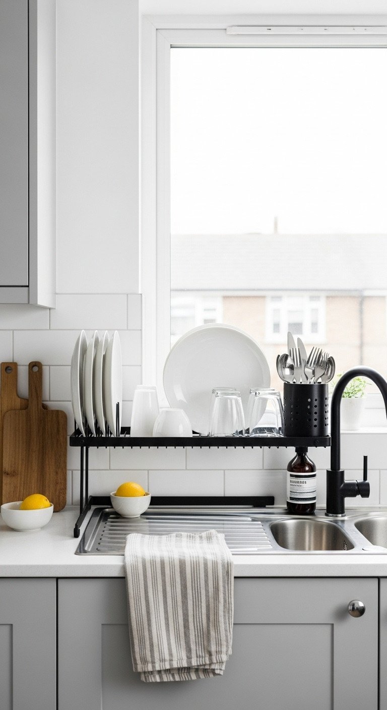 Brilliant Uk Apartment Kitchen Ideas For Renters And Small Spaces 10 Minimalist UK kitchen featuring a sleek black metal over-the-sink dish drying rack with white plates and glasses.
