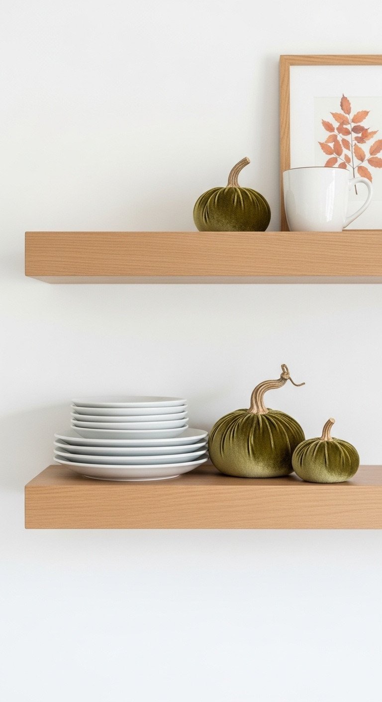 Minimalist fall kitchen floating shelf with white plates, olive green velvet pumpkins, coffee mug, and framed autumn art.