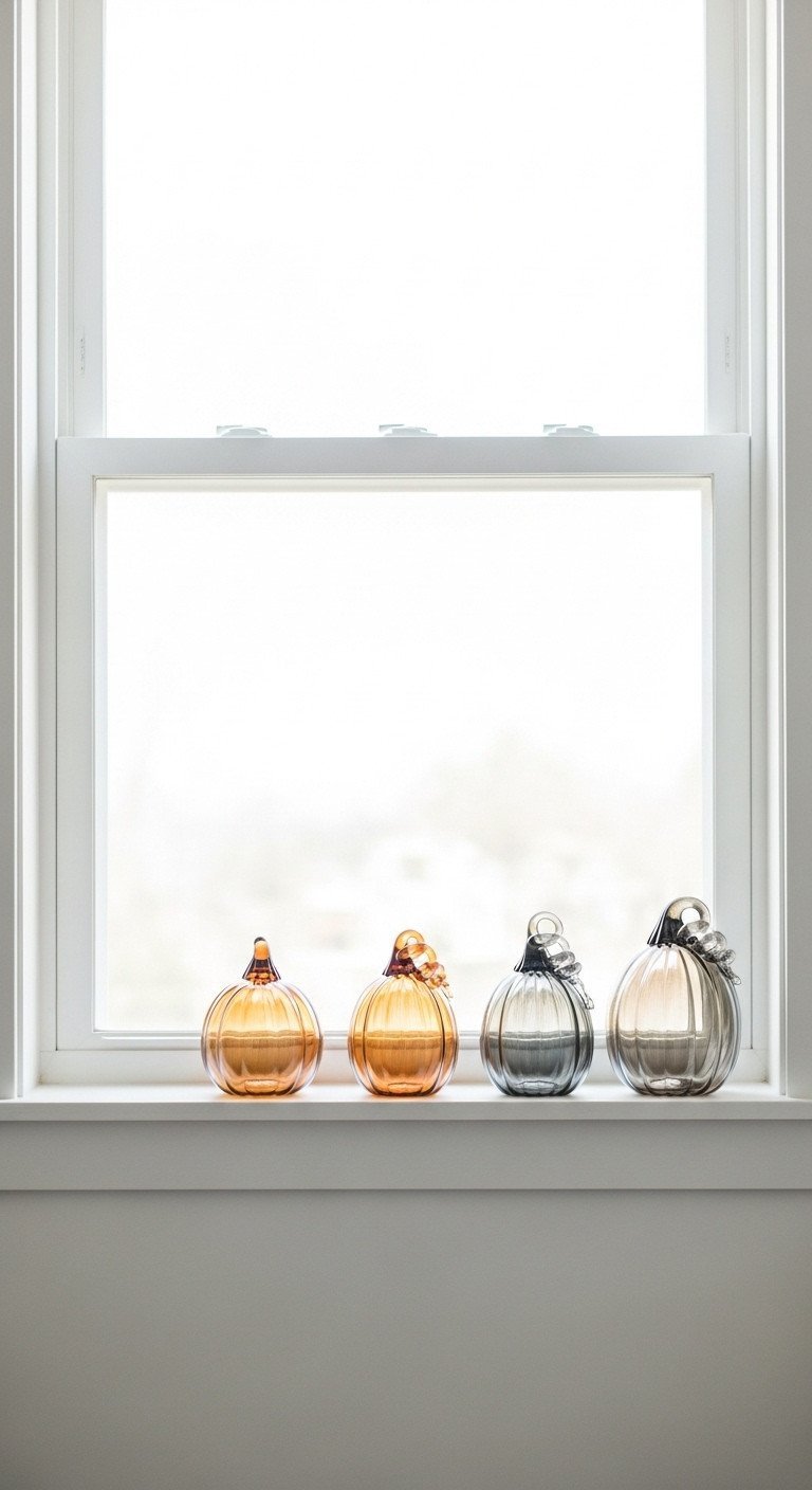 Minimalist fall kitchen window sill with three elegant amber and smoke gray glass pumpkins on a clean white sill.