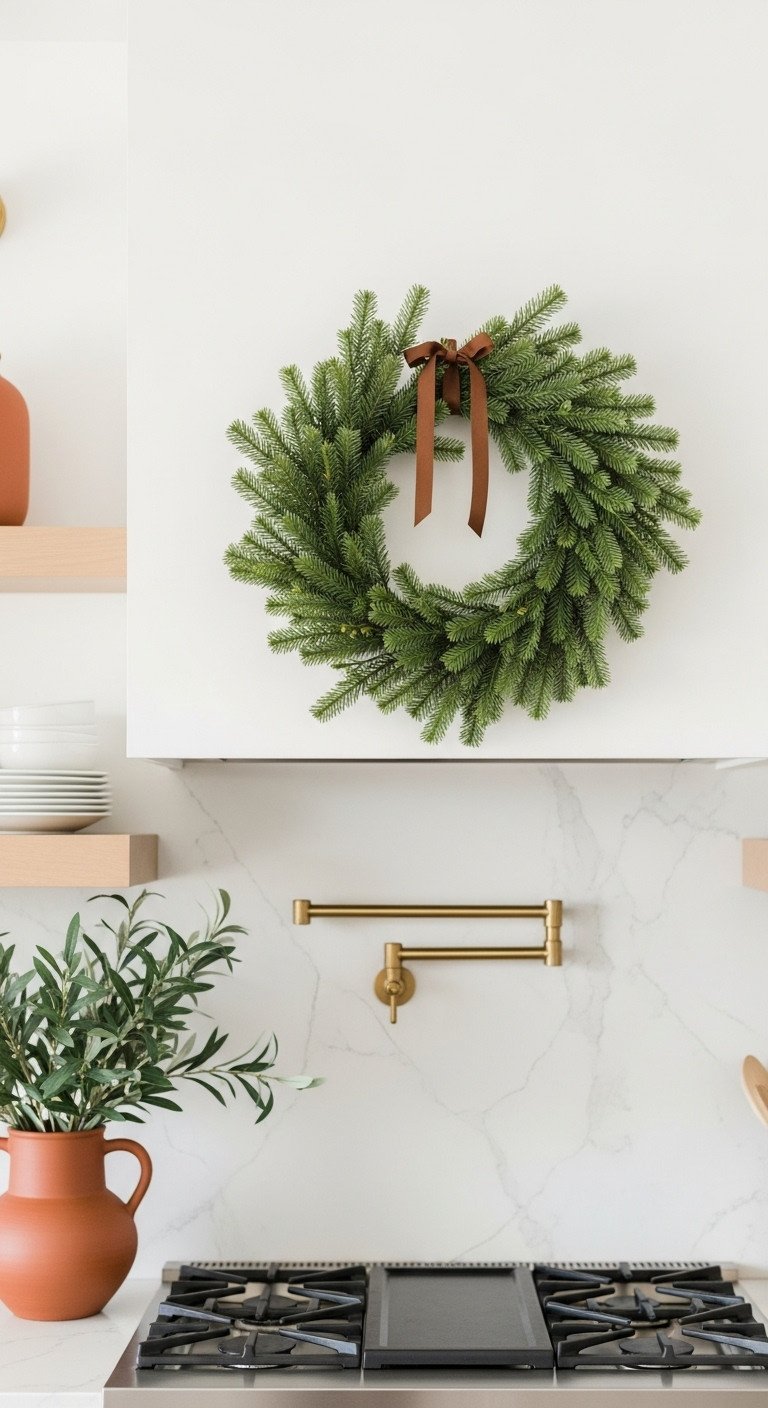 Minimalist green wreath with a brown ribbon on a sleek white range hood in a modern Christmas kitchen with olive branches on countertop