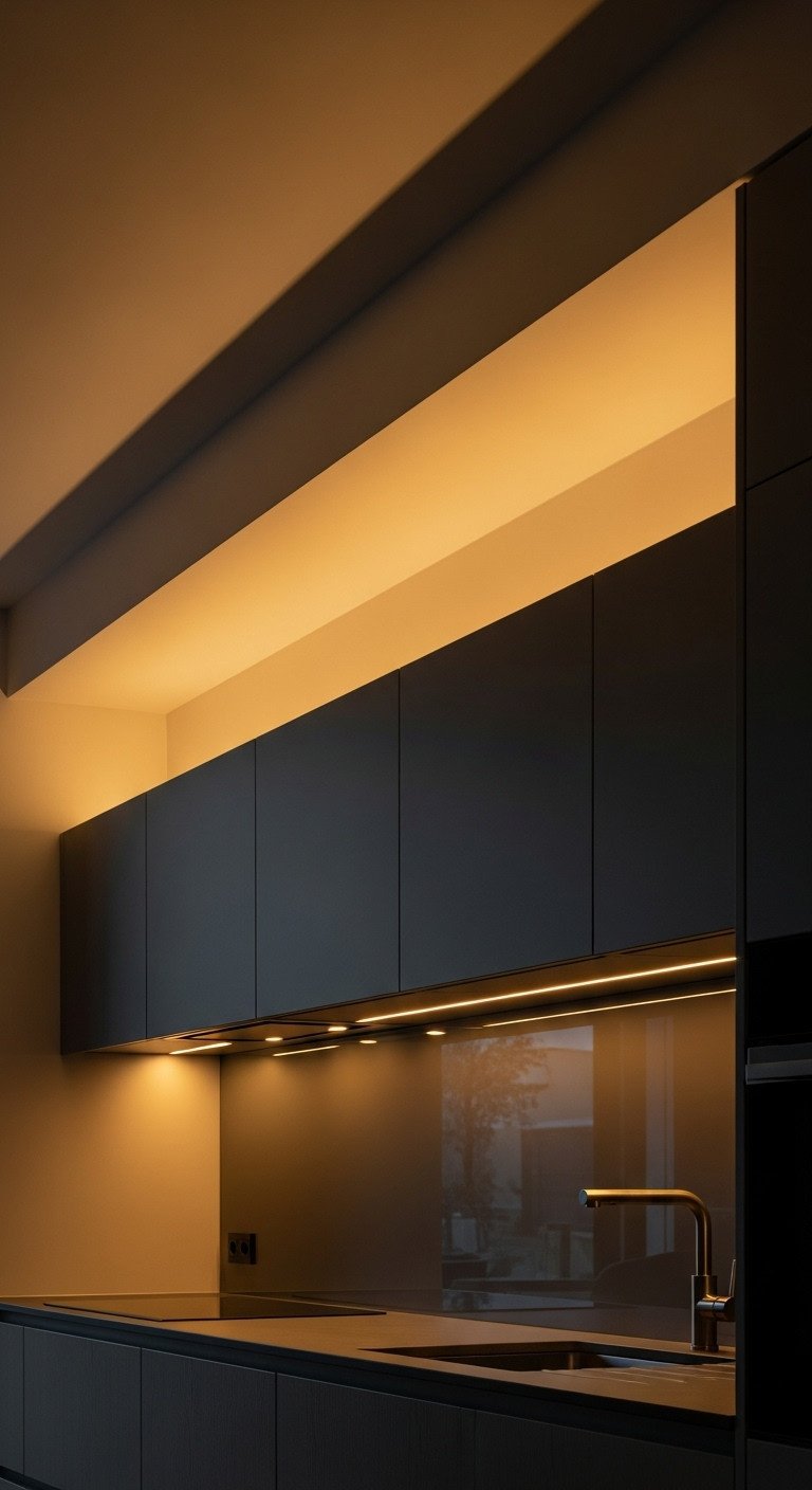 Minimalist kitchen at dusk with subtle indirect LED lighting under cabinets and ceiling soffits