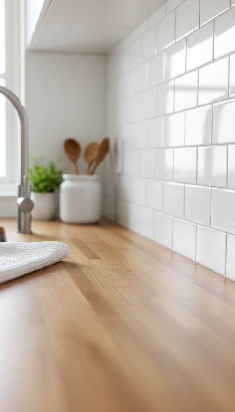 Minimalist kitchen backsplash with simple black plus-sign vinyl decals on a white painted wall above a light countertop.