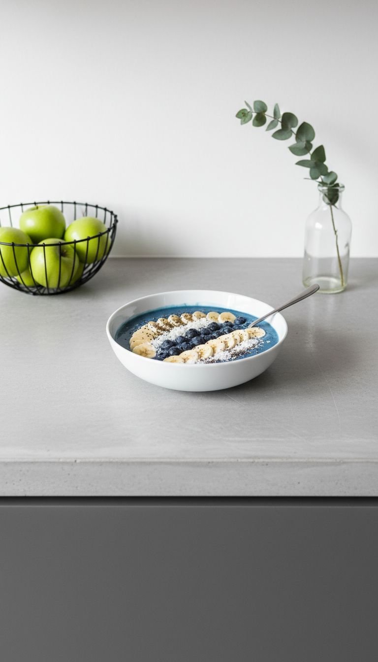 Minimalist kitchen countertop with light gray concrete skim coat, matte texture, black fruit bowl, and eucalyptus.