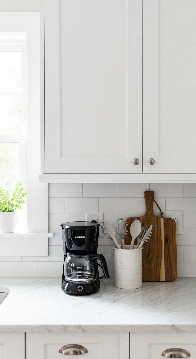 Minimalist kitchen countertop with white marble high-end coffee maker ceramic utensil canister wooden cutting board and green plant