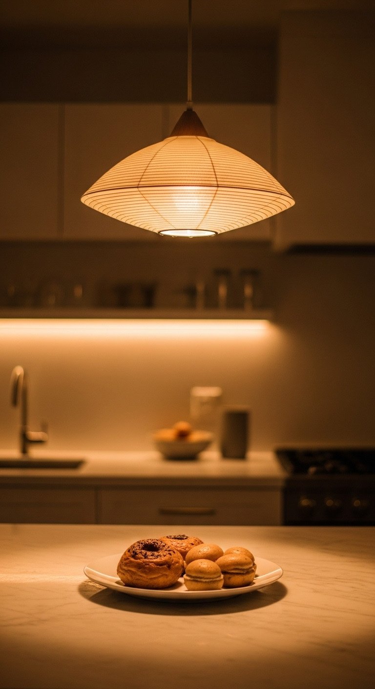 Minimalist kitchen island at dusk illuminated by a paper lantern pendant and under cabinet lighting