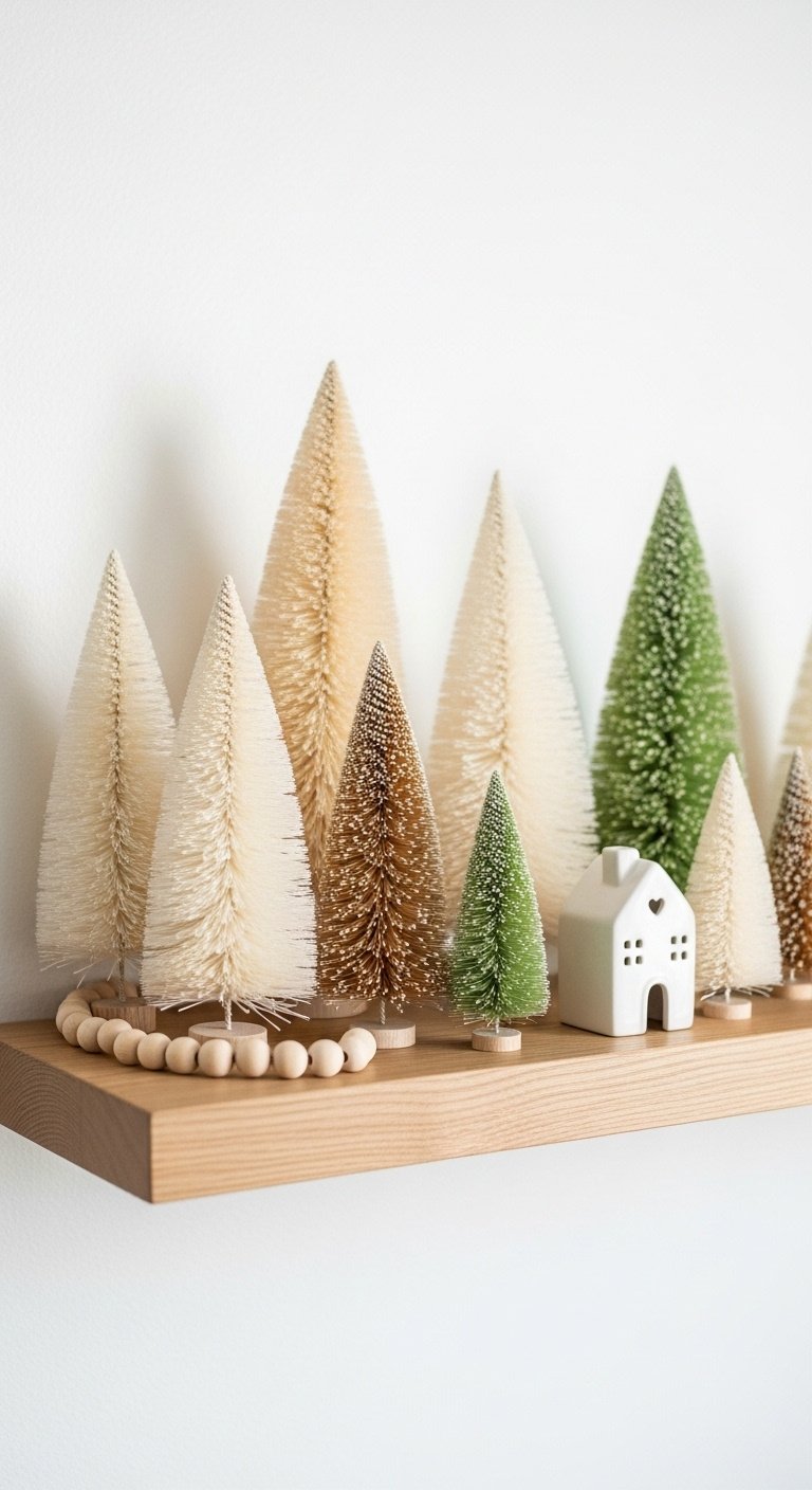Minimalist kitchen shelf with white, cream, green bottle brush trees, wooden beads, and a ceramic house figurine. Serene winter decor.