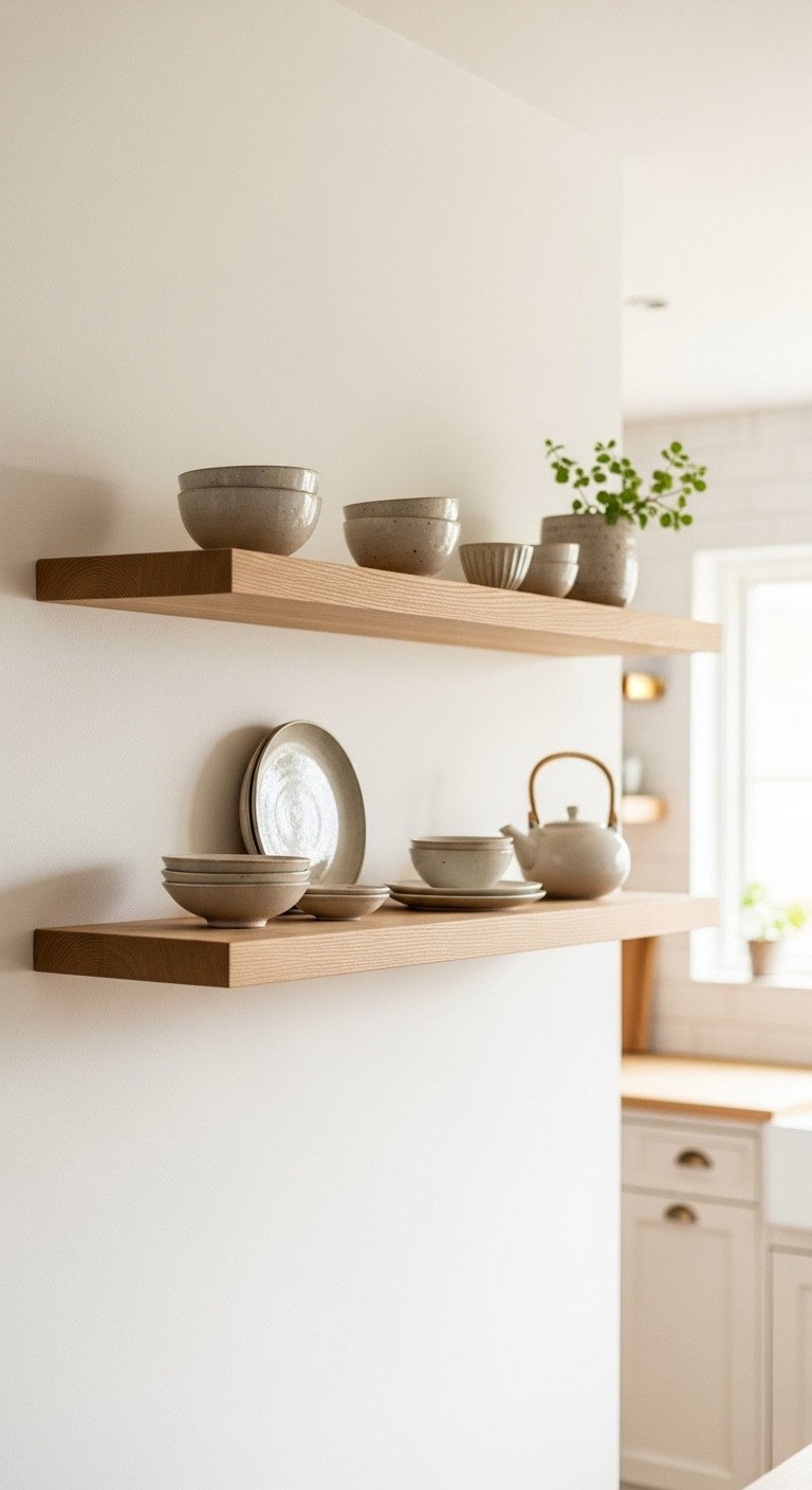 Minimalist light oak floating shelves with curated Japanese ceramics and a small plant on an off white wall