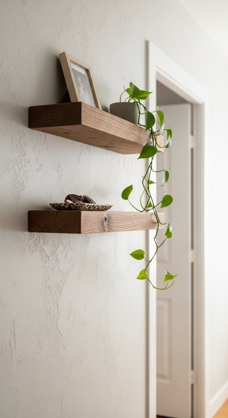 Minimalist rustic wood floating shelves in tiny entryway. Displays framed photo, pothos plant, decorative tray for sunglasses.