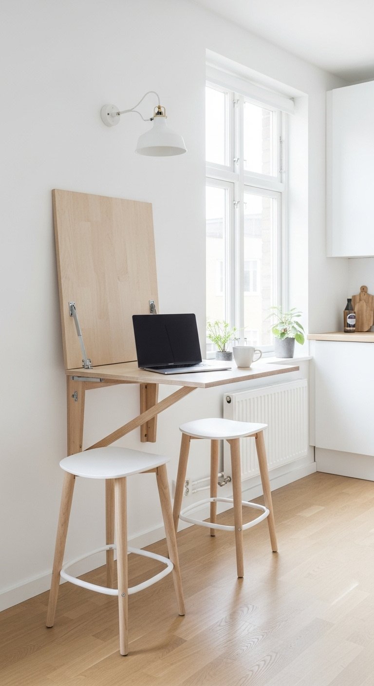 11 Genius Apartment Kitchen Design Ideas For Small Spaces 14 Minimalist studio kitchen with sleek birch wood wall-mounted drop-leaf table, white stools, laptop, coffee mug, space-saving.