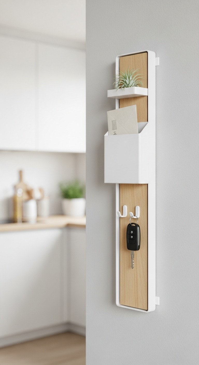Minimalist wall-mounted vertical entryway organizer in white metal and light wood. Holds mail, car key, air plant on shelf.