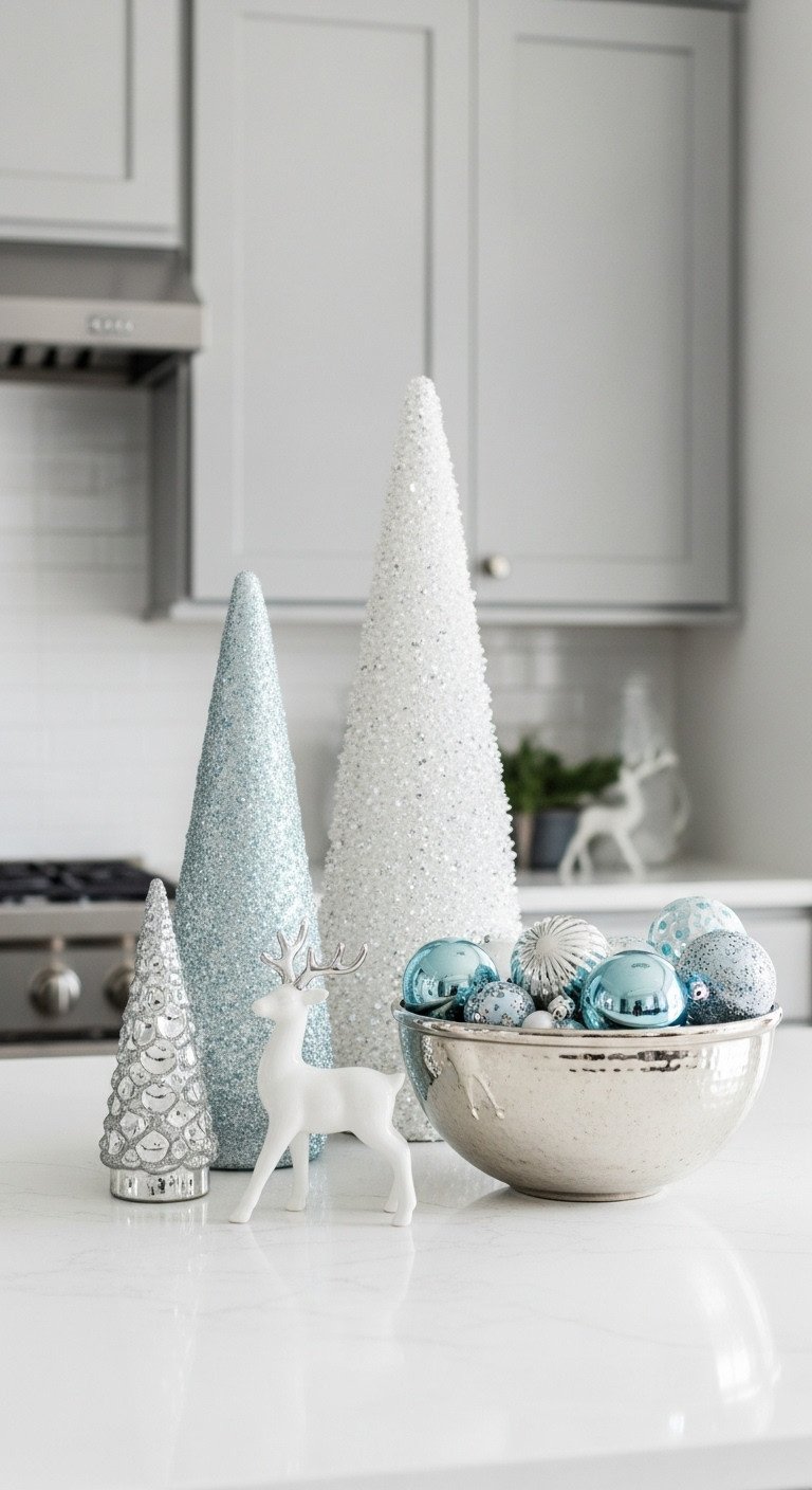 Modern Christmas kitchen counter with icy blue silver and white decor mercury glass tree and ceramic reindeer on quartz