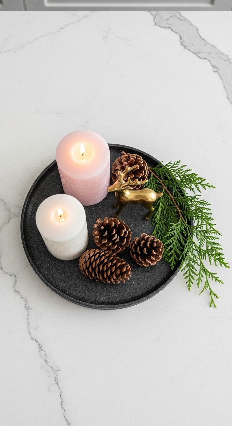 Modern Christmas kitchen countertop vignette with a white pillar candle brass reindeer and pinecones on a matte black tray